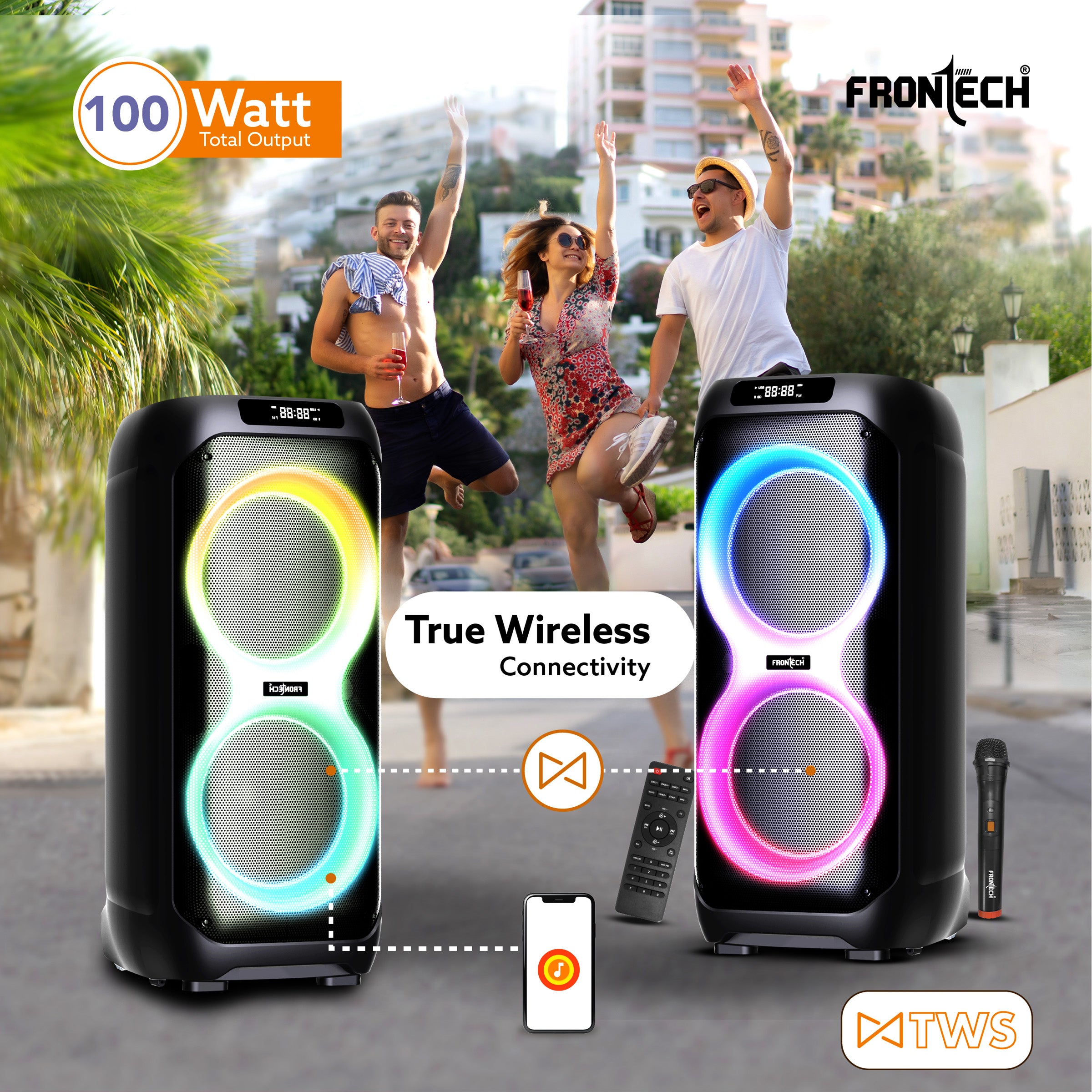 FRONTECH SMASH PRO-22P 100W Portable Party Speaker | True Wireless| Karaoke Function with Wireless Mic | RGB LED Disco Lighting | Bluetooth 5.0 | FM Radio| USB, TF, AUX| Type-C Charging Port | 1 Year Limited Warranty (SW-0022P) FRONTECH SMASH PRO-22P 100W Portable Party Speaker | True Wireless| Karaoke Function with Wireless Mic | RGB LED Disco Lighting | Bluetooth 5.0 | FM Radio| USB, TF, AUX| Type-C Charging Port | 1 Year Limited Warranty (SW-0022P)